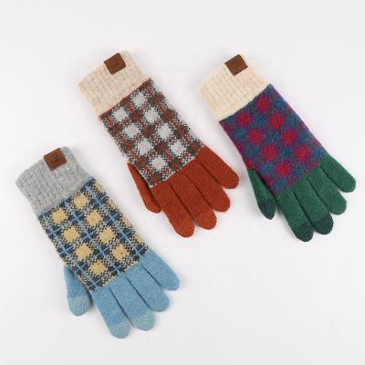 China INS Winter Plain Wool Knitted Plaid Gloves Fleece And Five-finger Touch Screen Warmer Thick Cycling Gloves for sale