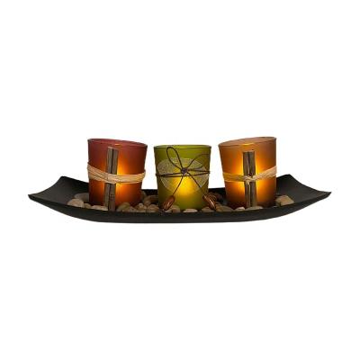 China Home Decoration Wooden Tray Candlestick Candle Holder With Stone Set Glass Craft For Led Candle for sale