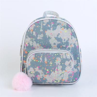 China Cool PU RFID And Tie Dye Holographic Denim Backpack With Pompom for sale