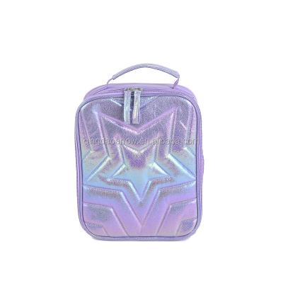 China Waterproof Stitched Holographic Purple Star Striping Double Zipper Closure Back To School Girl Kids Lunch Cooler Box Lunch Bag for sale