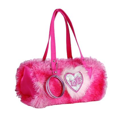 China Vintage Cylinder Plush Kids Licensed Duffel Bag 18 Inch Duffle Bag Logo Carry-Pink Bags Woman Ladies for sale