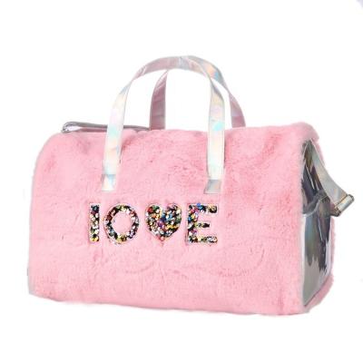 China Lady Trendy Duffel Bag 2022 Sports Travel Outdoor Women Lace LOVE Sequins Customized Logo Style Packaging Plush Duffel Bag for sale