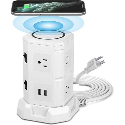 China US/UK Desktop Socket Power Tower Outlet Residential / Multipurpose USB Socket With Top Wireless Charger for sale