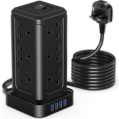 China Residential / General Purpose Tower Extension Socket with USB, 12 Way Power Strip with 4 USB Ports 2M Extension Cords UK Power Socket with Switch for sale