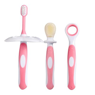 China Foldable 3in1factory edible grade custom baby bristle training teeth soft touch soft baby toothbrush for sale