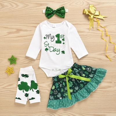 China Kids Casual St. Patrick's Day Outfit 4pcs Clover Printed Girls Clothes Set for sale