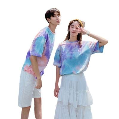 China Anti-Wrinkle Loose Dyed Tie-Dye Big Version Couples T-shirt High Stretch Letterprint Summer Loose Sleeved Short Blue Purple T-Shirt for sale