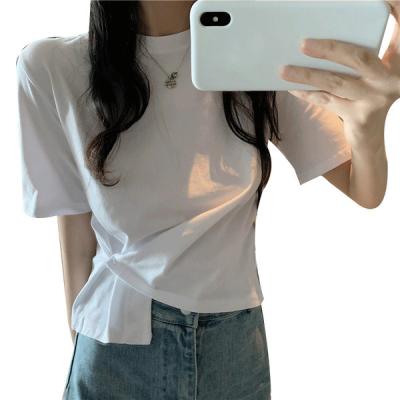 China 2021 summer new exposure short-sleeved female loose thin soft temperament irregular top 2021 summer Anti-wrinkle Hong Kong style T-shirt edge tuck t-shirt for sale