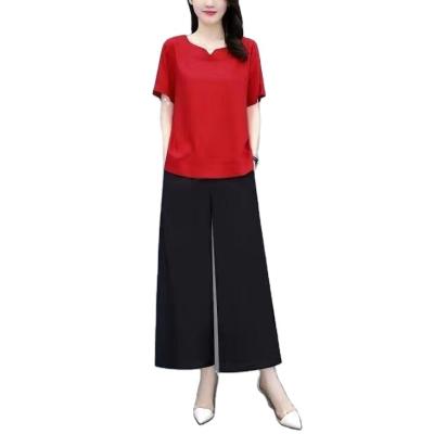 China QUICK DRY girl style solid color foreign thin section round neck Grace Hong Kong flavor ventilation cotton and hemp suit for sale