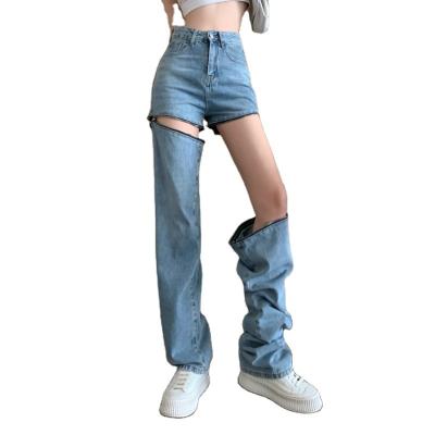 China Summer 2021 Korean design senses high waist new waterproof minority loose and thin straight tube leg jeans dismountable wide leg pants women for sale