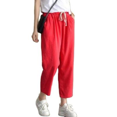 China QUICK DRY Women's Cotton Canvas Elastic Waist Loose Casual Pants Trousers 2021 New Summer Lace Retro Slim Radish Harlan Pants for sale