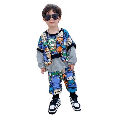 China Lolita Style Boys spring Autumn Suit 2021 new online celebrity style boys and babies cartoon printed sports hoodie two-piece set for sale