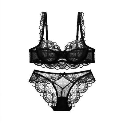 China Breathable thin cup bra set for large size girls with European and American sexy transparent lace steel ring for sale