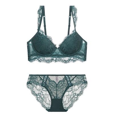 China 2021 new European and American sexy lace breathable bra hollow out autumn and winter gather large breast large size bra set for sale