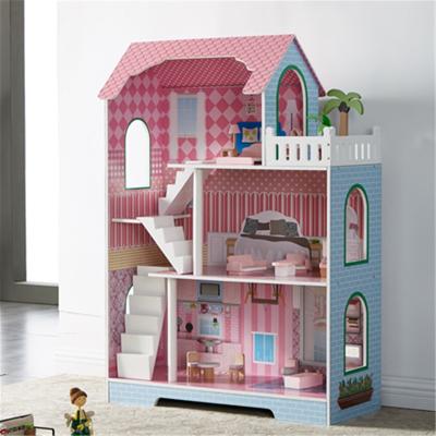 China Educational Toy Pretend Role Play DIY Toy Big Kids Wooden Cartoon Doll House Villa with Doll Room Furniture Dollhouse en venta