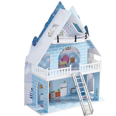 China Wooden Dollhouse with 18 Piece Funny Blue and White Wooden Accessary with Ladder Support OEM and Custom Furniture à venda