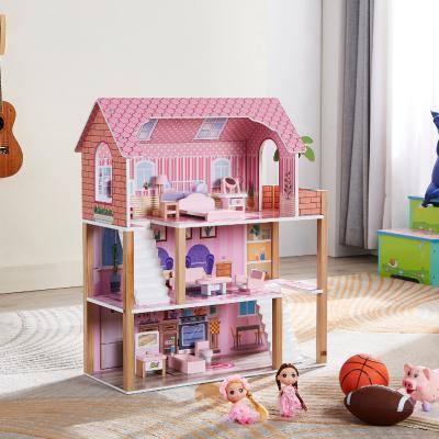 Cina Toy Wholesale Cartoon Pink Custom Dollhouse Wooden Miniature Furniture Toys Sets Large Poppenhuis Roombox DIY Style Dollhouse For Girls in vendita