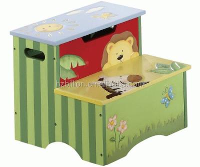 China Lovely Cartoon Patterns Kids Toddler Solid Wood Wooden Step Stool With Case Storage Kids Furniture for sale