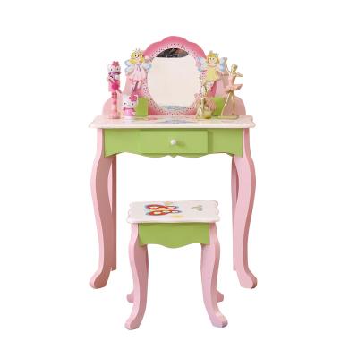 Chine Wooden Wooden Make Up Table With Stool Girls Pretend Beauty Table Mirror Dressing Table For Kids à vendre