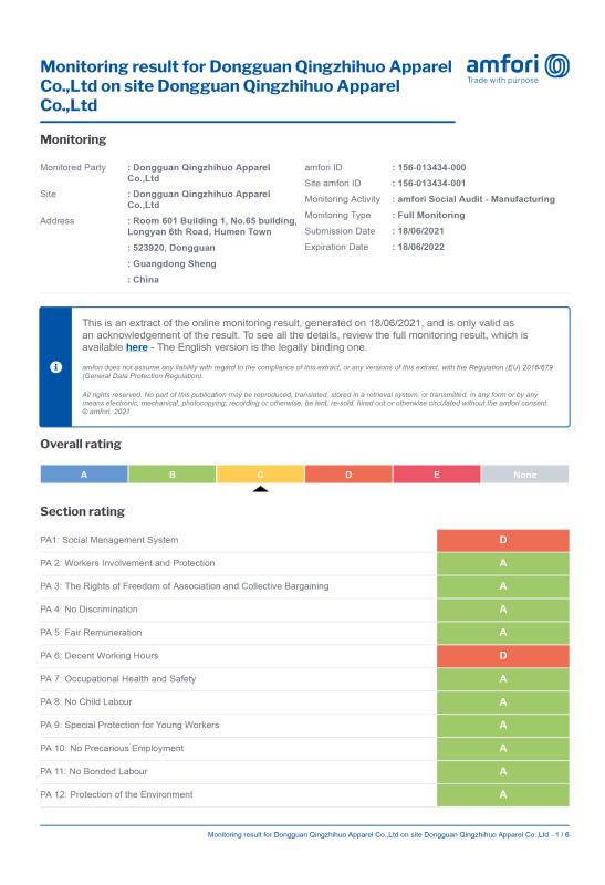 BSCI - Dongguan Qingzhihuo Apparel Co.,Ltd