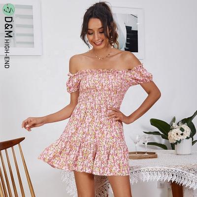 China Anti-wrinkle D&M Summer 2022 new off the shoulder bubbly cheeky ladies Mini Skater Dresses Women casual detail ruffle edge floral dress for sale