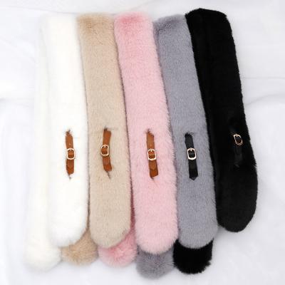 China soft & High Quality Warm Plush Leather Thick Warm Scarf Faux Fur Buckle Faux Fur Scarf PU Artificial Rabbit Fur Scarf for sale