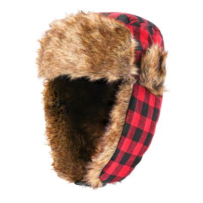 China COMMON Red Russian Ski Trooper Lattice Style Lattice Earflap Faux Fur Winter Windproof Hats For Women for sale