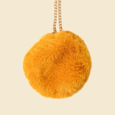 China Soft Custom Made Luxury Gold Color Ladies Shoulder Bag Faux Fur Chain Simple Round Handbag for sale