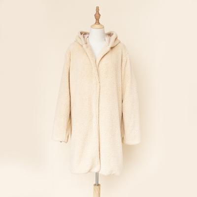 China Breathable Fashion Beige Coat Long With Hooded Faux Rabbit Fur Coat For Women To Keep Warm Winter Coat Women for sale