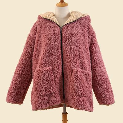 China Breathable Fashion Clothes Both Sides Faux Sheep Velvet Double Fur Hooded Coat For Women Winter Warm for sale