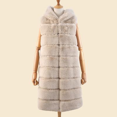 China Wholesale Breathable Sleeveless Faux Fur Splice Coat Long Hoodie Band Hooded Vest For Women Autumn Winter Warm for sale