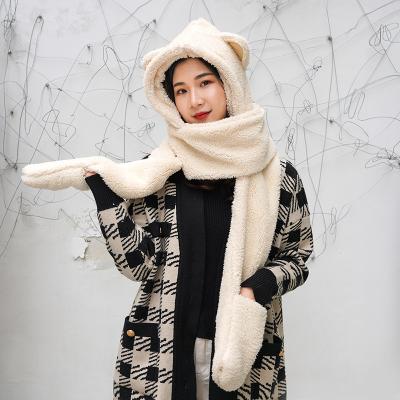 China soft & Wholesale Cute Warm Warm Hooded Scarf Winter Cat Faux Fur Hat Mittens Animal Mittens Gloves Long for sale