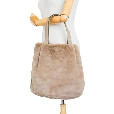 China soft & Hot Elegant Large Camel Faux Rabbit Fur Handbags For Women Shoulder Bucket Bag for sale