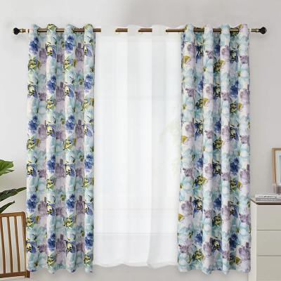 China 100% Sheer White 3d Blackout Polyester Purple Rose Flower Pattern Fabric Curtain Printed Sheer Curtain for sale