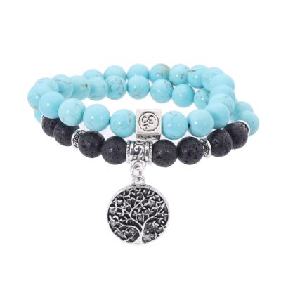 China TRENDY Tree of Life Pattern Alloy Charm Double Layer Healing Stone Engraved Shake Make Bracelet Jewelry for sale