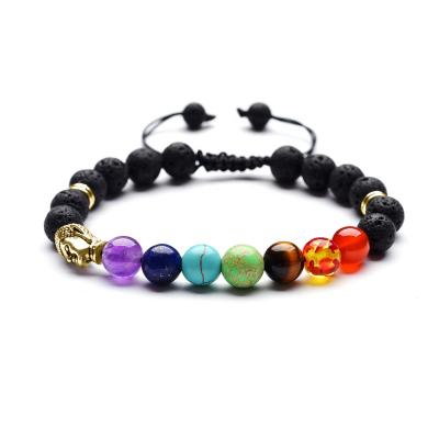 China Trendy Fashion Lava Stone Natural Healing Girl Women Design 7 Chakra Beaded Alloy Buddha Charm Bracelet for sale