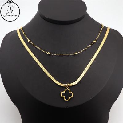 China CLASSIC Black Four Leaf Clover Necklace Double Layer Stainless Steel Girl Necklace Fashion Pendant Necklace for sale