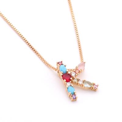 China CLASSIC Stainless Steel CZ Stone Costume Jewelry Design Colorful Gold Plated Shiny Simple Letter Custom Women Necklace for sale