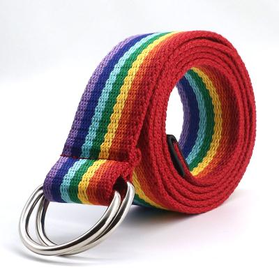 China Fashional Adjustable Colorful Double D Ring Buckle Rainbow Canvas Webbing Waist Belt for sale