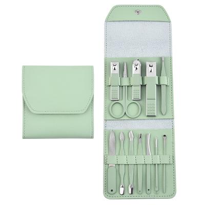 China Popular Green Nail Art Tool Set Matcha Stainless Steel 12 Piece Tool Exfoliating Nail Clipper Set for sale