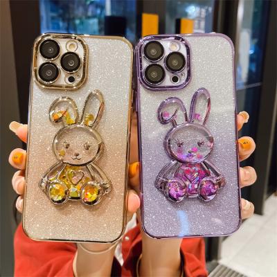 China Fashion 3d Glitter Rabbit Kickstand Shockproof Phone Case For Iphone 14 pro Max Plus 13 12 11 With Lens Protective Cover for sale