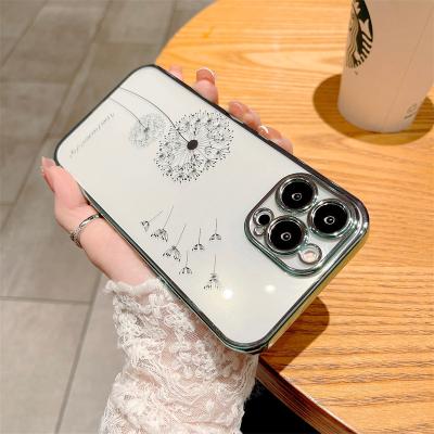 China Soft Clear Diamond Tpu Plating Frame Lady Print Transparent Phone Case Protection Shockproof Phone Cover For Iphone 14 pro max for sale