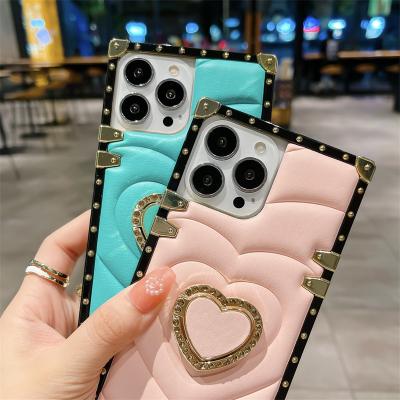 China Shockproof Case 3d Diamond Love Heart Ring Bracket Leather Metal Square Case For Iphone 14pro Max Luxury 11 12 13pro Cover for sale