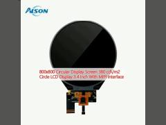 800x800 Circular Display Screen 380 cd/m2 Circle LCD Display 3.4 Inch With MIPI Interface