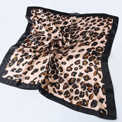 China Polyester Leopard Print Women Satin Small Square Silk Head Scarf for sale