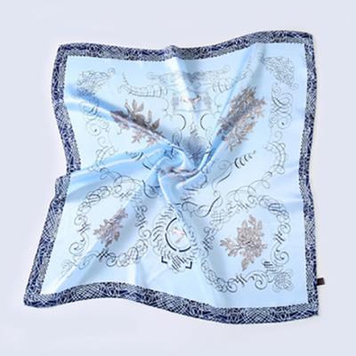 China Blue Polyester Custom Women Head Wrap Floral Printed Silk Square Scarf For Hair for sale