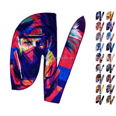 China Customized Breathable Silky Velvet Polyester Designer Breathable Hoods Waves Hat Vendor Cartoon Anime Durag For Men for sale