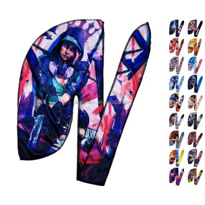 China Hot Sale Breathable Silky Polyester Designer Hoods Waves Hat Vendor Cartoon Anime Doo Rags Durag For Men for sale