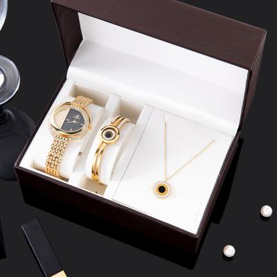 China Free Sample Life Waterproof Ladies Watch Gift Box Set Color Preservation Real Gold Real Gold Bracelet Necklace Watches Electroplating Titanium Steel Set for sale