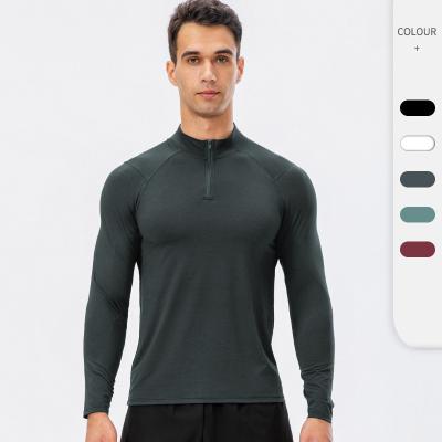 China Breathable Men's Bodybuilding T-shirt Fitness Tops Gym Wear Workout Polyester Spandex Stretch Training Sports T Shirt With Half Zipper for sale